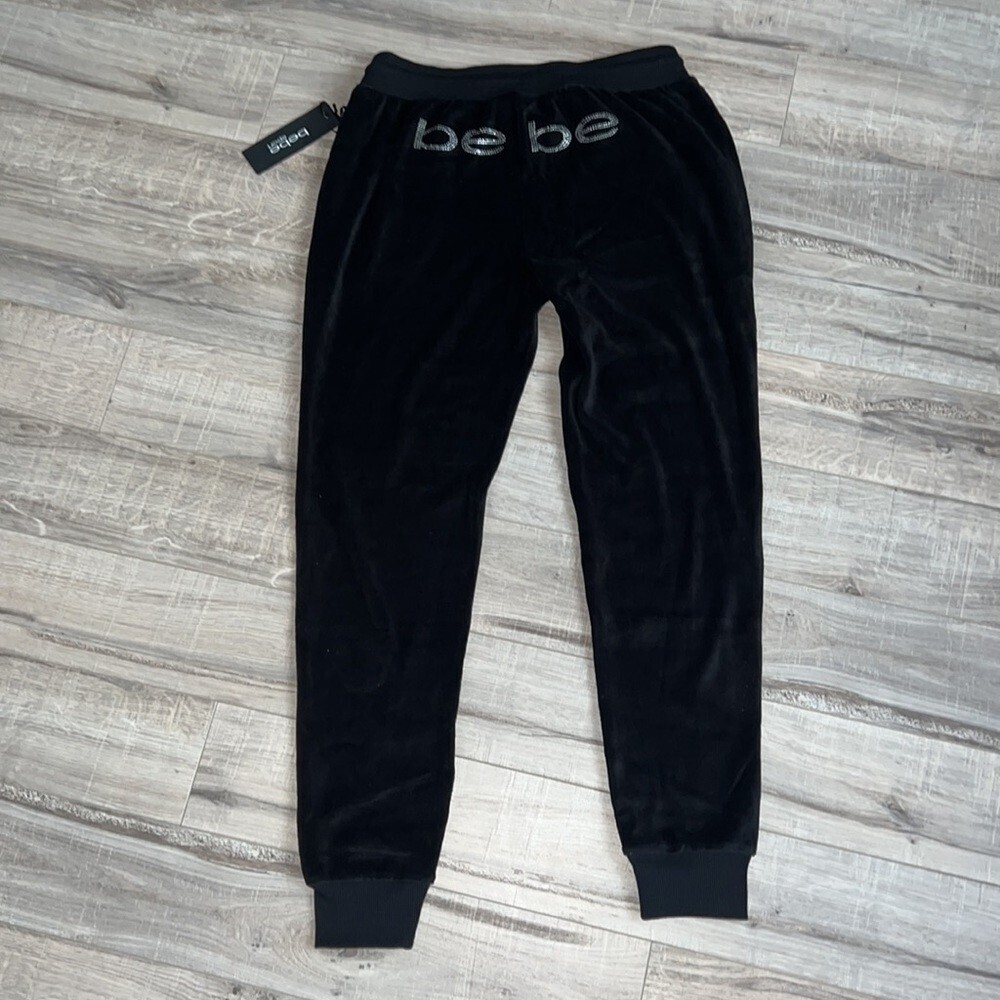 Bebe jogger sweatpant rhinestone Swarovski crystal logo on bum black velvet y2k